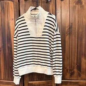 AMPERSAND AVE Cream and Black Striped Half-Zip Sweatshirt